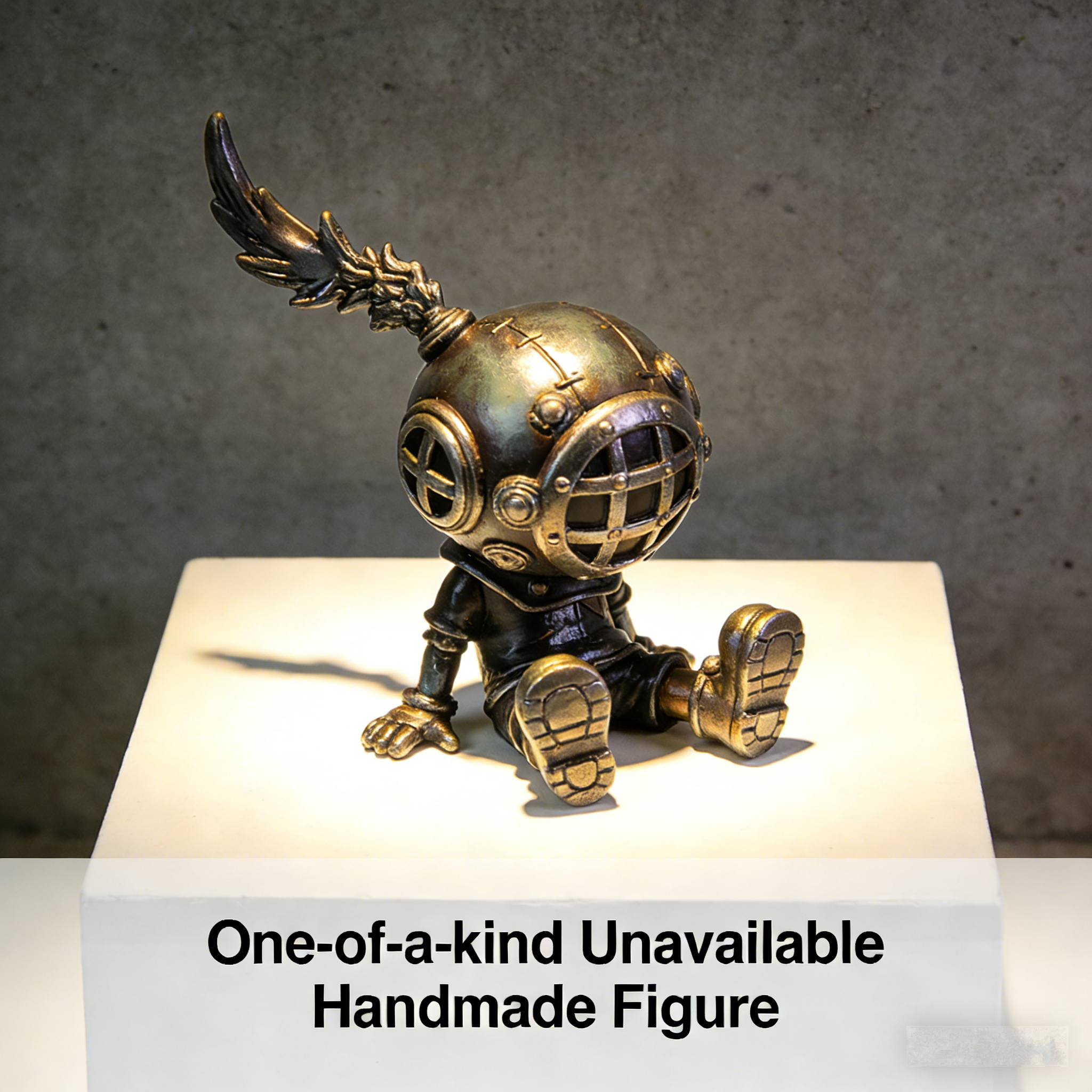 AetherDiver Steampunk Sprite Art Toy | Handmade Antique Brass Diving Helmet Figurine with Feathered Antenna Accent (One-of-a-Kind Unavailable Prototype Edition)